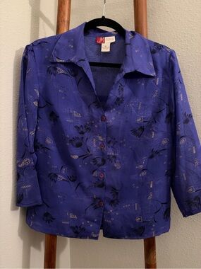 JM Collection Royal Purple Floral Button-Down Vintage Blouse